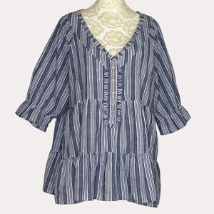 Pol Tiered Babydoll Top Blouse Ruffle Stripe Blue White M